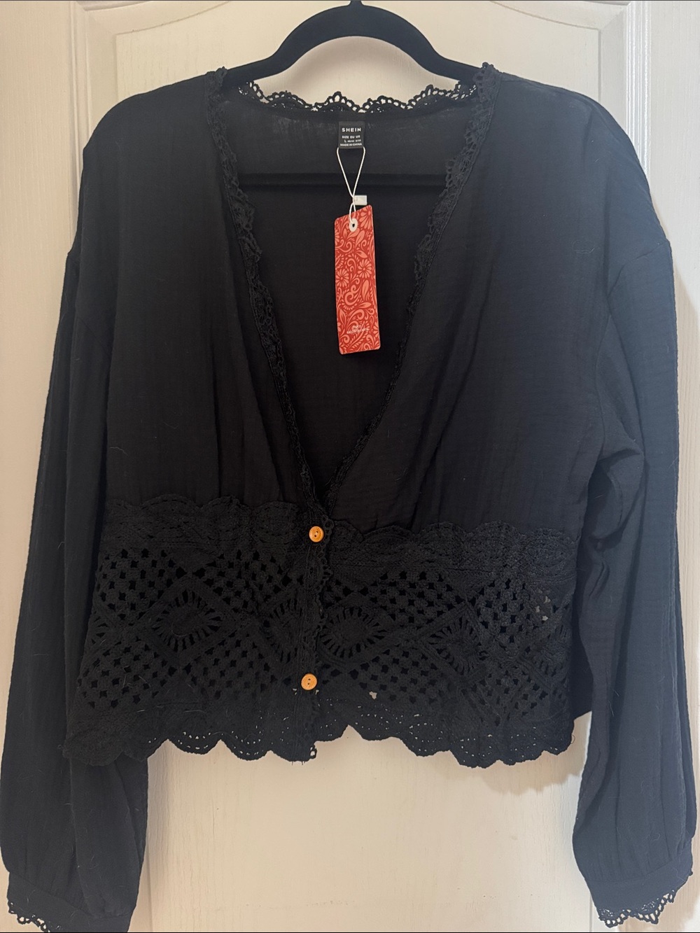 SHEIN Black Crochet-Trim Button Front Women's Blouse